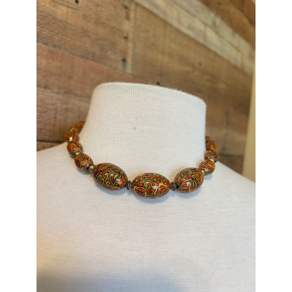 Faceted & Fancy Beads West African Floral Bead Necklace‎ Orange Vintage 17in